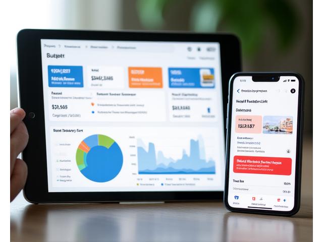 Mock-up of financial reports on a tablet screen and phone notifications for budget alerts