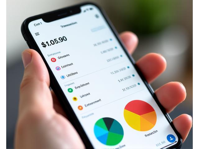 Mock up of a mobile app showing transaction lists and spending analysis pie charts