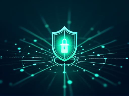 Data security illustration with a shield icon and digital lines representing strong protection.