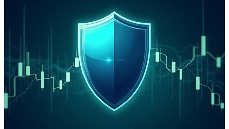 Shield icon over a detailed financial graph, symbolizing liability limitation and data protection