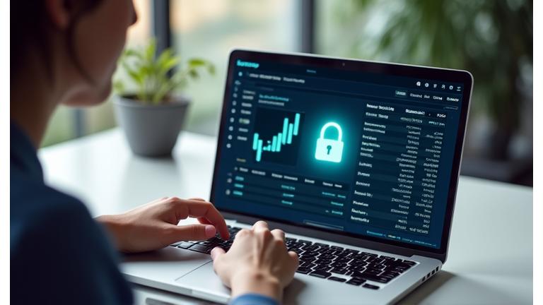 Person using a laptop with secure financial data on screen, representing user responsibility for data safety